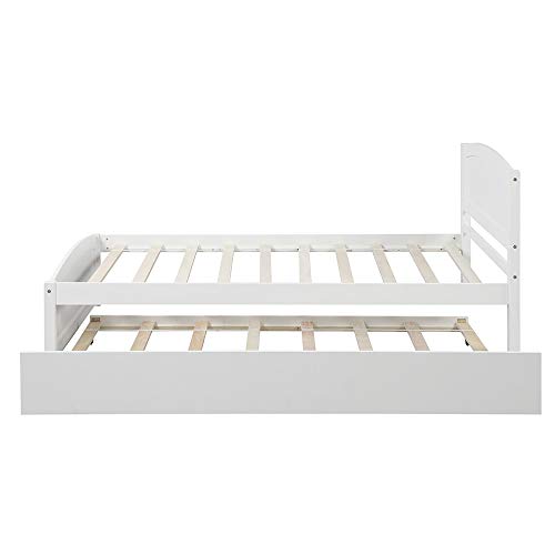 Rockjame Twin Platform Bed with Trundle, Minimalistic Stylish Wood Bed Frame, Easy to Install (White)