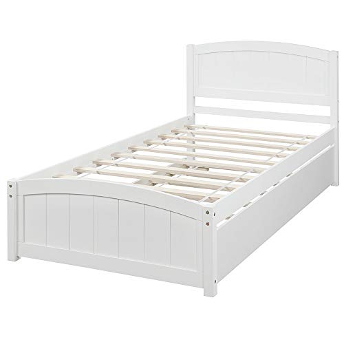 Rockjame Twin Platform Bed with Trundle, Minimalistic Stylish Wood Bed Frame, Easy to Install (White)