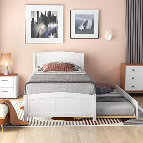 Rockjame Twin Platform Bed with Trundle, Minimalistic Stylish Wood Bed Frame, Easy to Install (White)