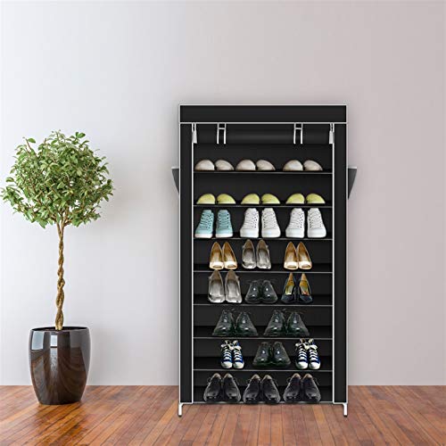 WEI WEI GLOBAL 10-Tier Shoe Rack, 36-45 Paris Shoe Storage Organizer with Dustproof Cover, Shoe Cabinet Tower Shelf Closet, Black