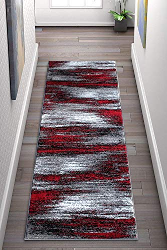 Champion Rugs Modern Rugs for Living Room Abstract Soft Plush Red Grey Black Area Rug (2’ X 7’ Runner)