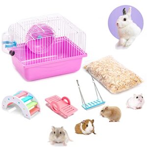 pstardmoon portable hamster cage with running exercise wheels, water bottle, with rainbow hamster toys and sawdust, for african miniature rabbit chinchilla squirrel and other small animals (pink)