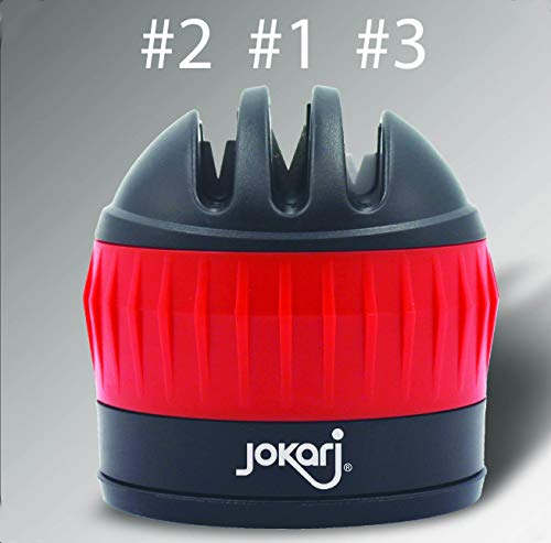 Jokari Knife Sharpener with Suction Kitchen Safety Seals to the Counter for One Handed Sharpening of Knives. In 3 Steps Blades Make Diamond Sharp Slices Rated Near Chef Quality. Skip the Electric Tool