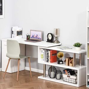 HOMCOM Rotating Computer Desk, 55" L-Shaped Desk, Corner Desk with Storage Shelves, Cabinet and Drawer for Home Office, White