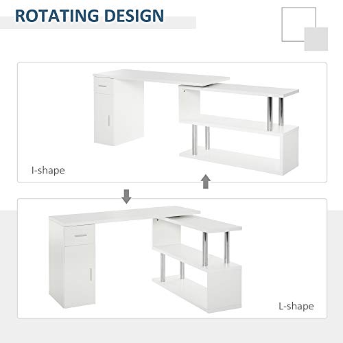 HOMCOM Rotating Computer Desk, 55" L-Shaped Desk, Corner Desk with Storage Shelves, Cabinet and Drawer for Home Office, White