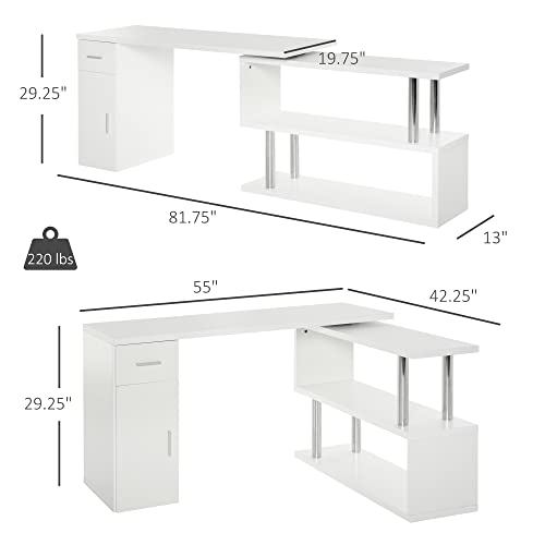 HOMCOM Rotating Computer Desk, 55" L-Shaped Desk, Corner Desk with Storage Shelves, Cabinet and Drawer for Home Office, White