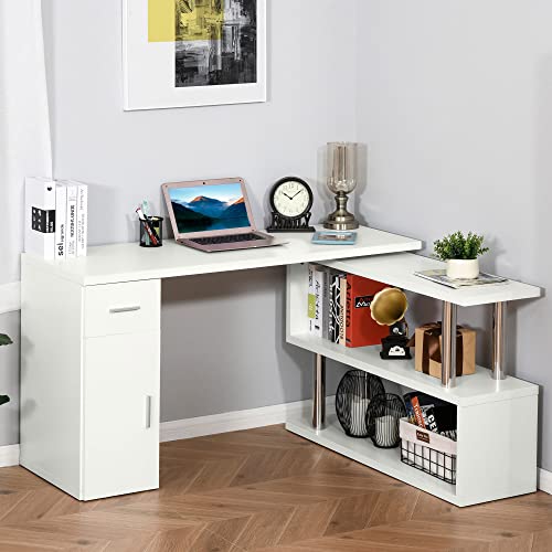 HOMCOM Rotating Computer Desk, 55" L-Shaped Desk, Corner Desk with Storage Shelves, Cabinet and Drawer for Home Office, White