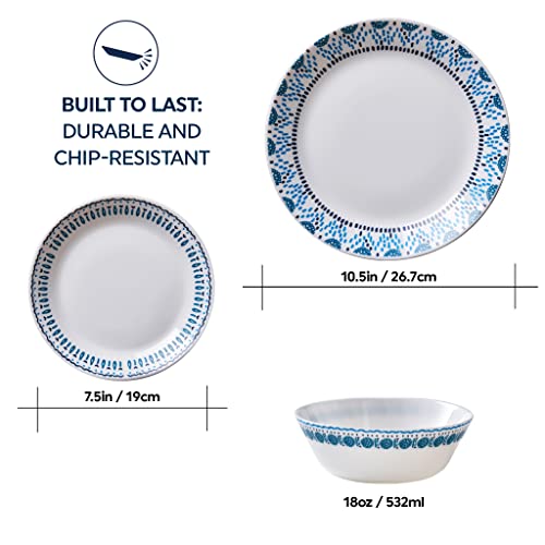 Corelle Everyday Expressions 12-Pc Dinnerware Set, Service for 4, Durable and Eco-Friendly, Higher Rim Glass Plate & Bowl Set, Microwave and Dishwasher Safe, Azure Medallion