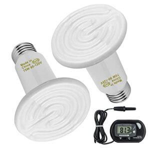 wuhostam 2 pack 75w white ceramic heat lamp with 1-pcs digital-thermometer,infrared bulb emitter lamp infrared bulb for pet brooder coop chicken lizard turtle snake aquarium etl listed