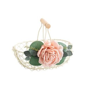 petite ivory flower girl basket with blush pink floral - ivory metal wedding basket w/wood handle - flower girl petal basket - flower basket by ragga wedding