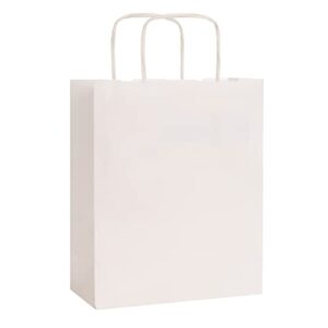 50 pack - premium quality - trendy kraft paper bags with handles | bulk small white paper gift bags, perfect kraft bag, party bag or shopping bag (5" x 3" x 8", white)