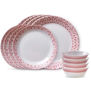 corelle everyday expressions 12-pc dinnerware set, service for 4, durable and eco-friendly, higher rim glass plate & bowl set, microwave and dishwasher safe, graphic stitch