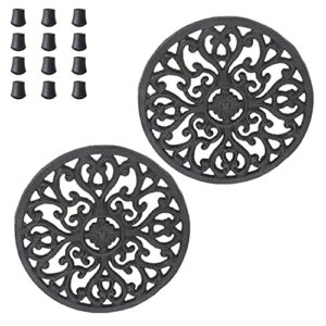 cast iron trivet for hot pots and pans, vidaya decorative round trivet mat hot pot holder pads with vintage pattern and 12 pcs rubber pegs/feet for rustic kitchen counter or dining table (2 pack)