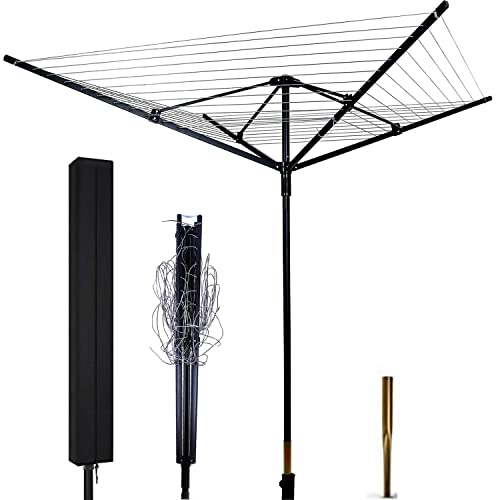 MYOYAY Rotary Outdoor Umbrella Drying Rack Umbrella Rotary Dryer Clothes Line Protective Cover 4 Arms with 165ft Clothesline Outdoor