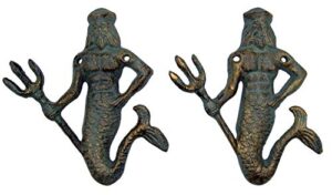 green cast iron king neptune wall hooks, set of 2, 6.5 inches