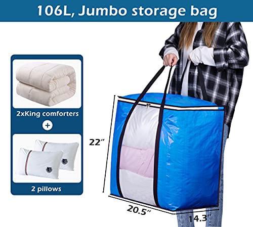 MISSLO Waterproof Large Blanket Storage 106L Heavy Duty Moving Bags with Zippers and Reinforced Handles for Comforter, Pillow, bedding, Quilt, Duvet, Carrying, Travelling, College Dorm, Clothes Organizer Pack Supplies 3 Packs