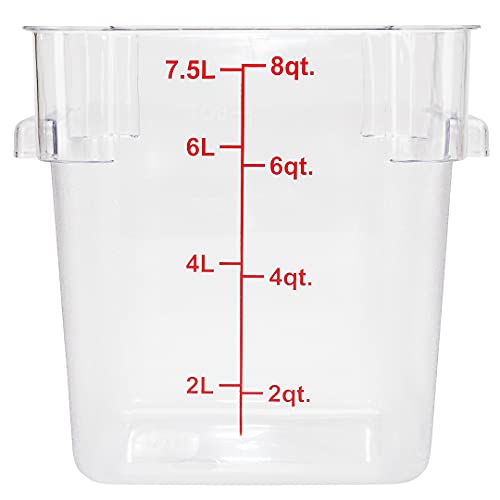 Met Lux 8 Quart Brine Bucket, 1 Square Marinating Container - With Volume Markers, Built-In Handles, Clear And Red Plastic Dough Rising Bucket, Freezer-Safe, Lids Sold Separately