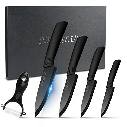 CORESLUX Ceramic knife, 6 Piece Ceramic Kitchen Knife Set, Ceramic Knives Set for Kitchen 6" Chef Knife 5" Utility Knife 4" Fruit Knife 3" Paring Knife 1'' Vegetable Fruit Peeler(Black)