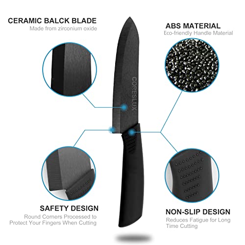 CORESLUX Ceramic knife, 6 Piece Ceramic Kitchen Knife Set, Ceramic Knives Set for Kitchen 6" Chef Knife 5" Utility Knife 4" Fruit Knife 3" Paring Knife 1'' Vegetable Fruit Peeler(Black)