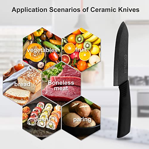 CORESLUX Ceramic knife, 6 Piece Ceramic Kitchen Knife Set, Ceramic Knives Set for Kitchen 6" Chef Knife 5" Utility Knife 4" Fruit Knife 3" Paring Knife 1'' Vegetable Fruit Peeler(Black)