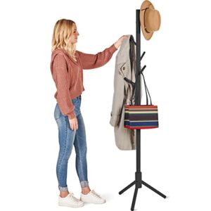 zober coat rack freestanding - wooden 6 hanger clothing rack with modern hooks for bag, hat, jacket, purse, umbrella - standing hat rack coat hanger for entryway - black