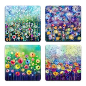 beautiful watercolor flowers square coaster set - made of recycled rubber - set of 4