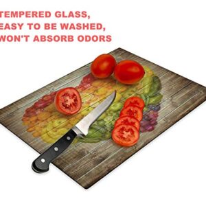 Tempered Glass Cutting Board Rainbow heart of fruits and vegetables Tableware Kitchen Decorative Cutting Board with Non-slip Legs, Serving Board, Large Size, 15" x 11"