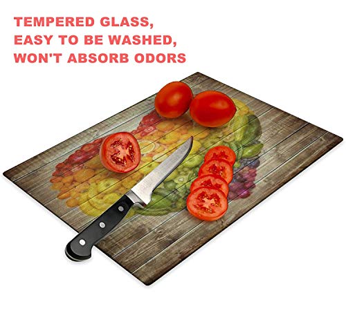 Tempered Glass Cutting Board Rainbow heart of fruits and vegetables Tableware Kitchen Decorative Cutting Board with Non-slip Legs, Serving Board, Large Size, 15" x 11"
