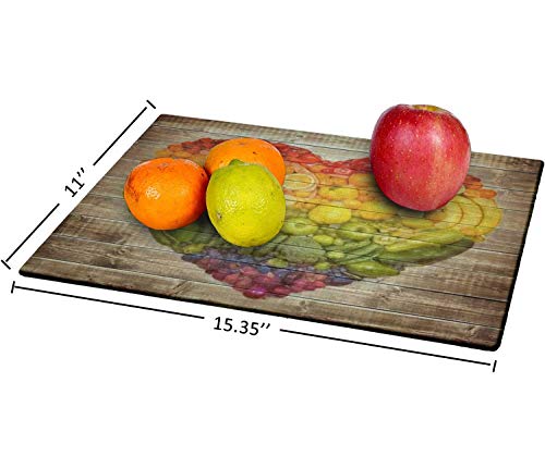 Tempered Glass Cutting Board Rainbow heart of fruits and vegetables Tableware Kitchen Decorative Cutting Board with Non-slip Legs, Serving Board, Large Size, 15" x 11"