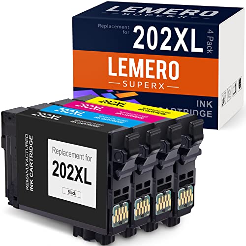 LemeroSuperx Remanufactured Ink Cartridge Replacement for Epson 202XL T202XL 202 XL Work for Workforce WF-2860 Expression Home XP-5100 Printer (Black Cyan Magenta Yellow, 4-Pack)