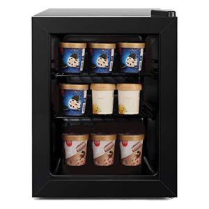 northair compact mini freezer with glass display door - 2.1 cu ft with 2 removable shelves - quiet upright freezer - 7 temperature settings - black