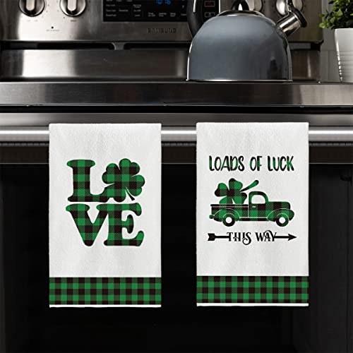 Artoid Mode Buffalo Plaid Lucky Clover Shamrock Truck Kitchen Dish Towels, 18 x 26 Inch Seasonal St. Patrick's Day Quotes Ultra Absorbent Drying Cloth Tea Towels for Cooking Baking Set of 4