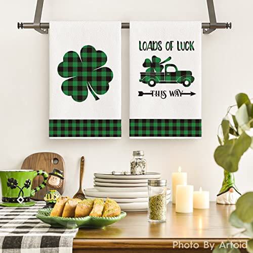 Artoid Mode Buffalo Plaid Lucky Clover Shamrock Truck Kitchen Dish Towels, 18 x 26 Inch Seasonal St. Patrick's Day Quotes Ultra Absorbent Drying Cloth Tea Towels for Cooking Baking Set of 4