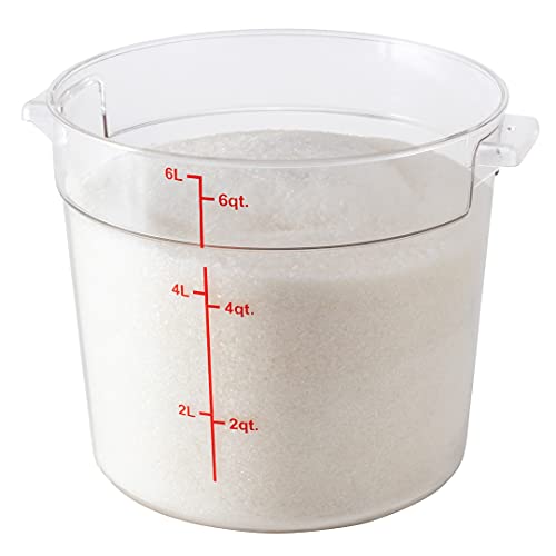 Restaurantware Met Lux 6 Quart Food Storage Container, 1 Round Commercial Storage Container - Lid Sold Separately, With Volume Markers, Clear Plastic Food Prep Bucket, Space-Saving Storage