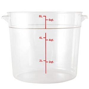 Restaurantware Met Lux 6 Quart Food Storage Container, 1 Round Commercial Storage Container - Lid Sold Separately, With Volume Markers, Clear Plastic Food Prep Bucket, Space-Saving Storage