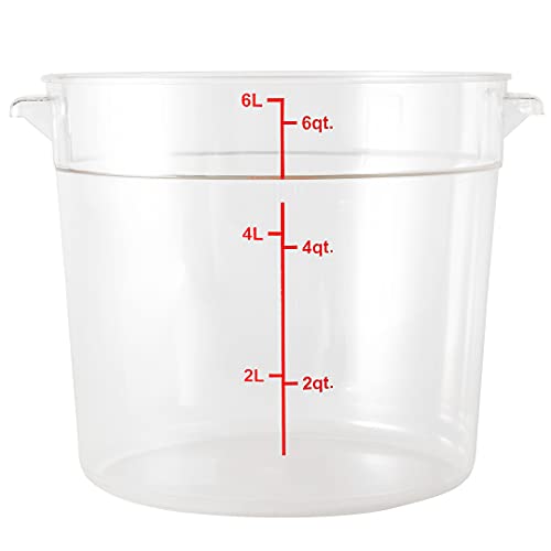 Restaurantware Met Lux 6 Quart Food Storage Container, 1 Round Commercial Storage Container - Lid Sold Separately, With Volume Markers, Clear Plastic Food Prep Bucket, Space-Saving Storage