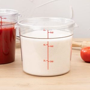 Restaurantware Met Lux 6 Quart Food Storage Container, 1 Round Commercial Storage Container - Lid Sold Separately, With Volume Markers, Clear Plastic Food Prep Bucket, Space-Saving Storage