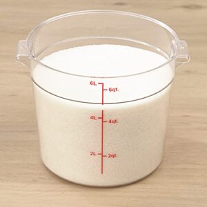 Restaurantware Met Lux 6 Quart Food Storage Container, 1 Round Commercial Storage Container - Lid Sold Separately, With Volume Markers, Clear Plastic Food Prep Bucket, Space-Saving Storage