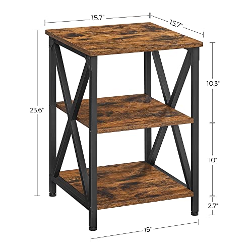 VASAGLE End Table, Side Table with Storage, 15.7 x 15.7 x 23.6 Inch, Nightstand with X-Shaped Steel Frame, Rustic Table for Living Room, Bedroom, Farmhouse 3-Tier, Rustic Brown and Black ULET278B01V1