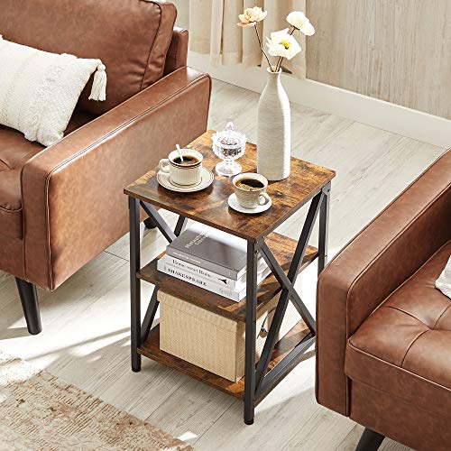 VASAGLE End Table, Side Table with Storage, 15.7 x 15.7 x 23.6 Inch, Nightstand with X-Shaped Steel Frame, Rustic Table for Living Room, Bedroom, Farmhouse 3-Tier, Rustic Brown and Black ULET278B01V1