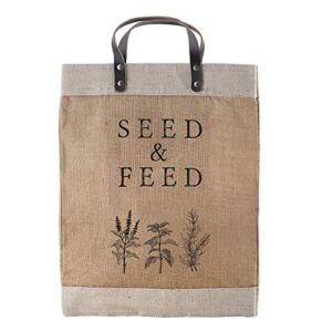 santa barbara design studio seed to seed farmers market tote, boho reusable grocery bag with leather handle, purse for beach or picnics, burlap gift bags, 13 x 18 inches
