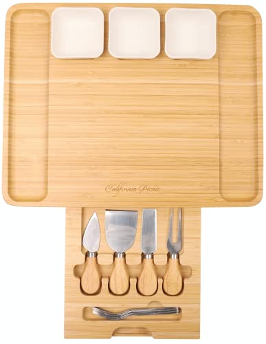 Cheese Board and Knife Set | Wine Board | Organic Bamboo Wood Charcuterie Platter Serving Board Cheese Tray with Cutlery | Perfect for Birthday, Housewarming & Wedding Gifts