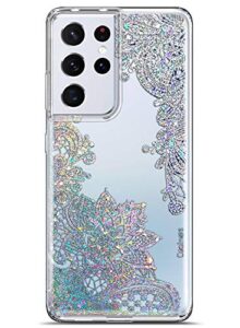 coolwee clear glitter for galaxy s21 ultra case thin flower slim cute crystal lace bling women girl floral plastic hard back soft tpu bumper protective cover for samsung galaxy s21 ultra mandala henna