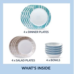 Corelle Everyday Expressions 12-Pc Dinnerware Set, Service for 4, Durable and Eco-Friendly, Higher Rim Glass Plate & Bowl Set, Microwave and Dishwasher Safe, Geometrica