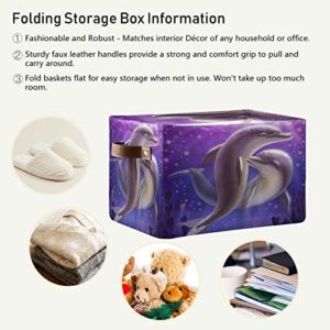 ALAZA Decorative Basket Rectangular Storage Bin, Two Lovers Dolphin Purple Organizer Basket with Leather Handles for Home Office