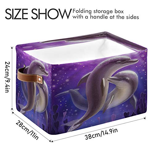 ALAZA Decorative Basket Rectangular Storage Bin, Two Lovers Dolphin Purple Organizer Basket with Leather Handles for Home Office