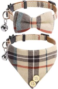 bow tie cat collar bandana - 2 packs classic plaid check ginham cat collars with scarf and bowtie - adjustable size with bell - perfect for cats puppy small dogs