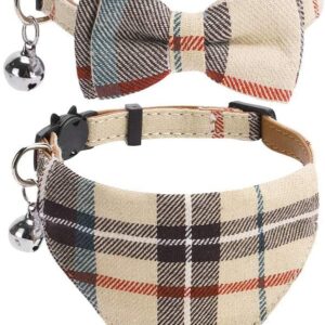 Bow Tie Cat Collar Bandana - 2 Packs Classic Plaid Check Ginham Cat Collars with Scarf and Bowtie - Adjustable Size with Bell - Perfect for Cats Puppy Small Dogs