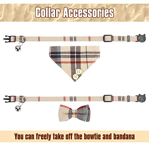 Bow Tie Cat Collar Bandana - 2 Packs Classic Plaid Check Ginham Cat Collars with Scarf and Bowtie - Adjustable Size with Bell - Perfect for Cats Puppy Small Dogs