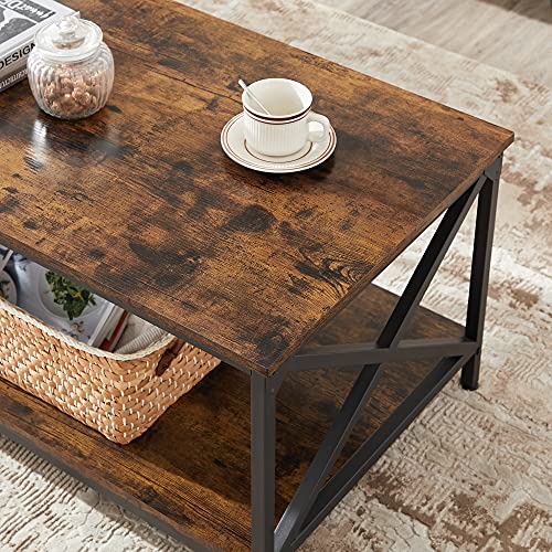 VASAGLE Coffee Table, Cocktail Table with Storage Shelf and X-Shape Steel Frame, Industrial Farmhouse Style, 39.4 x 21.7 x 17.7 Inches, Rustic Brown and Black ULCT200B01V1